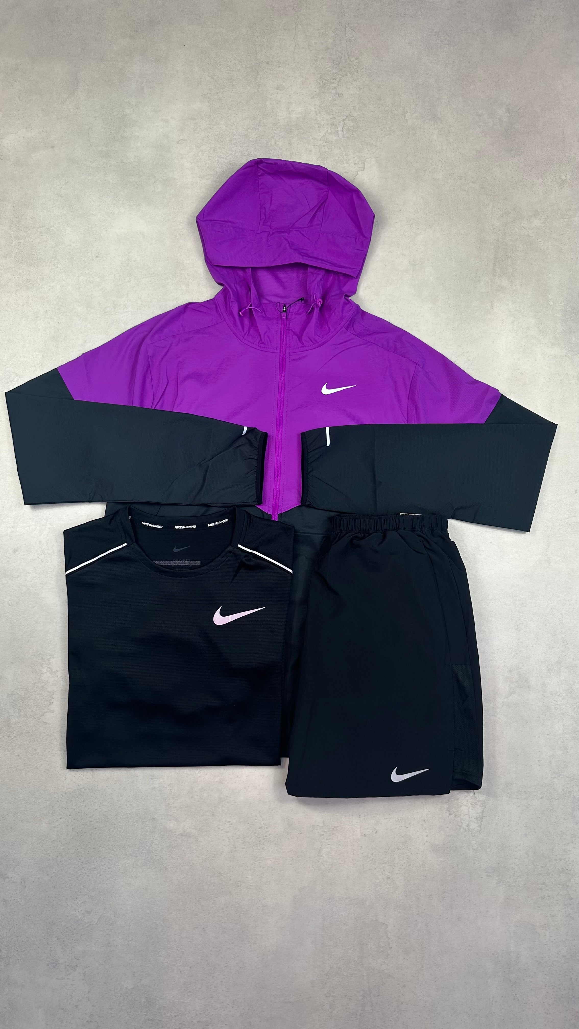 Nike Purple/Black Windrunner, Black Miler T-Shirt & Black Challenger Shorts Trio Set