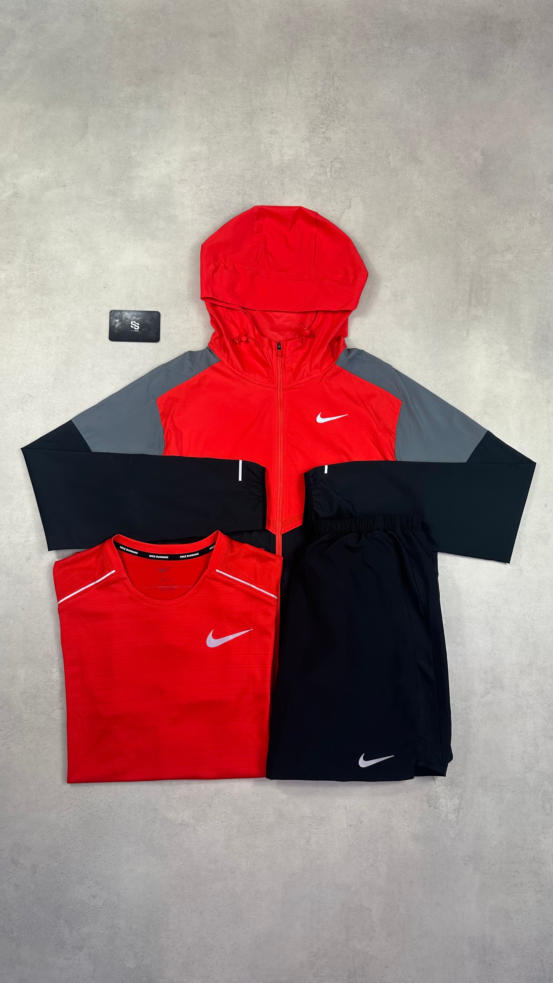 Nike Crimson Red Windrunner & Miler T-Shirt & Black Challenger Shorts Trio Set