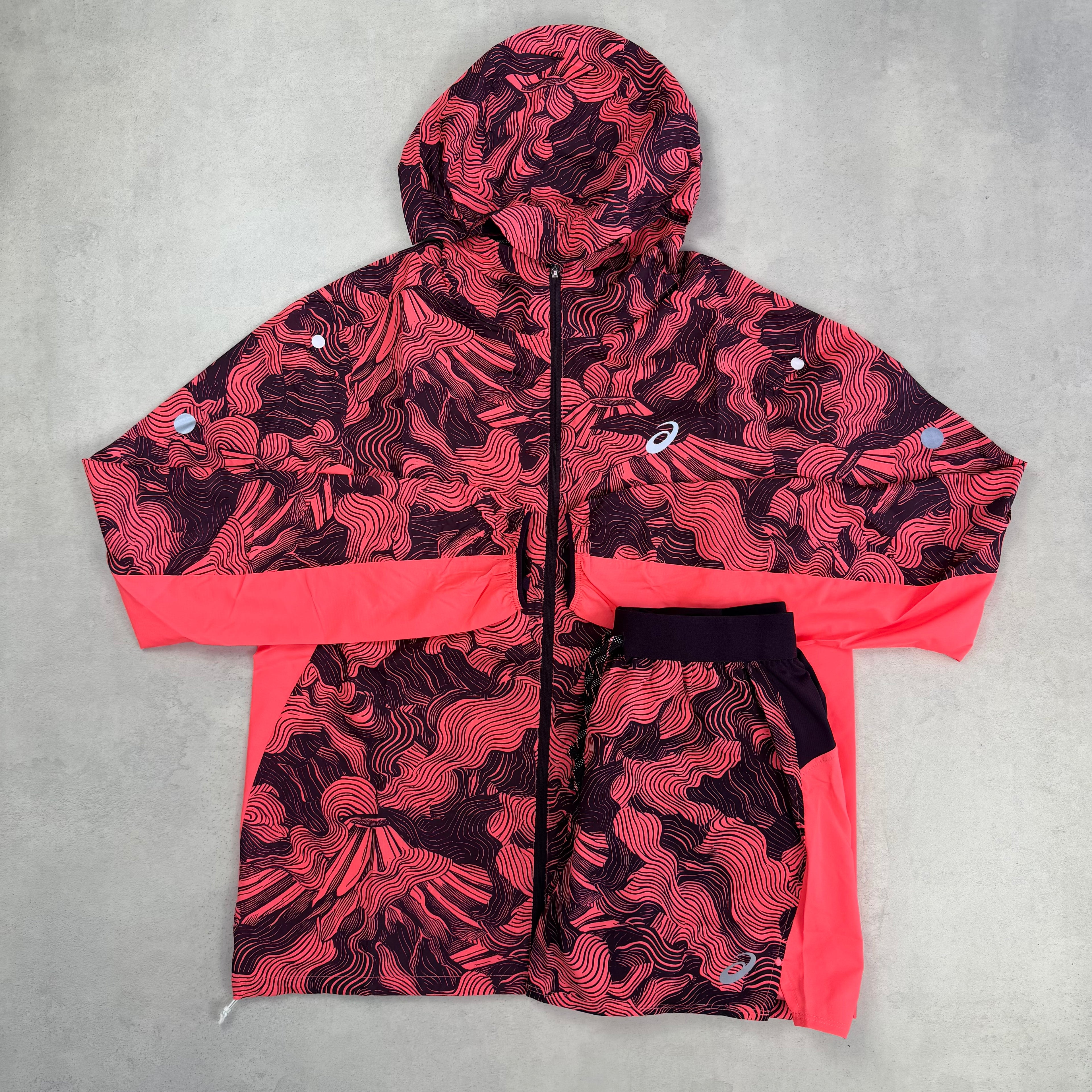 Asics Coral/Dark Aubergine Fujitrail Windrunner & Shorts Duo Set