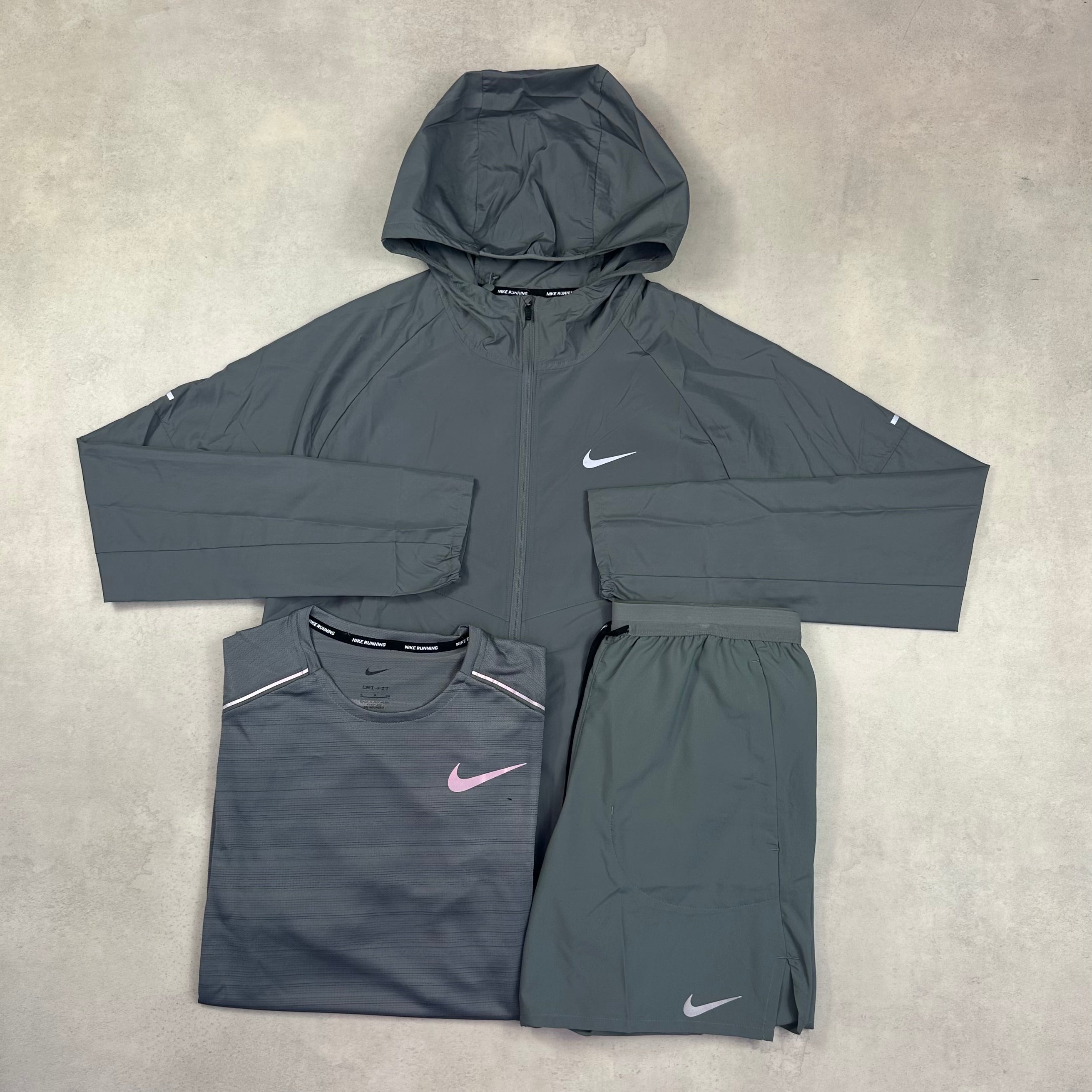 Nike Grey Windrunner, Grey Miler T-Shirt & Grey Challenger Shorts Trio Set