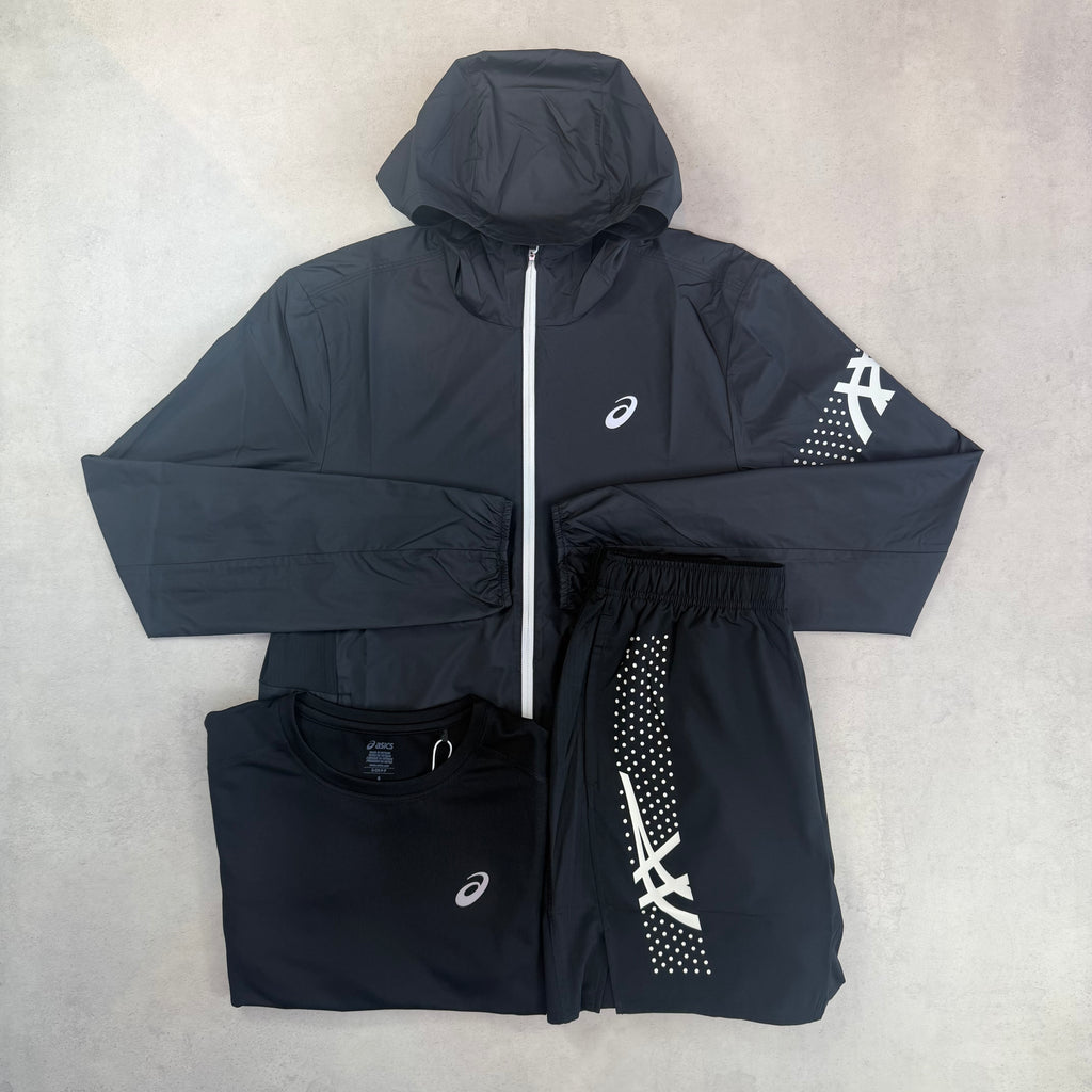 Asics Black Icon Windrunner, T-Shirt & Shorts Trio Set
