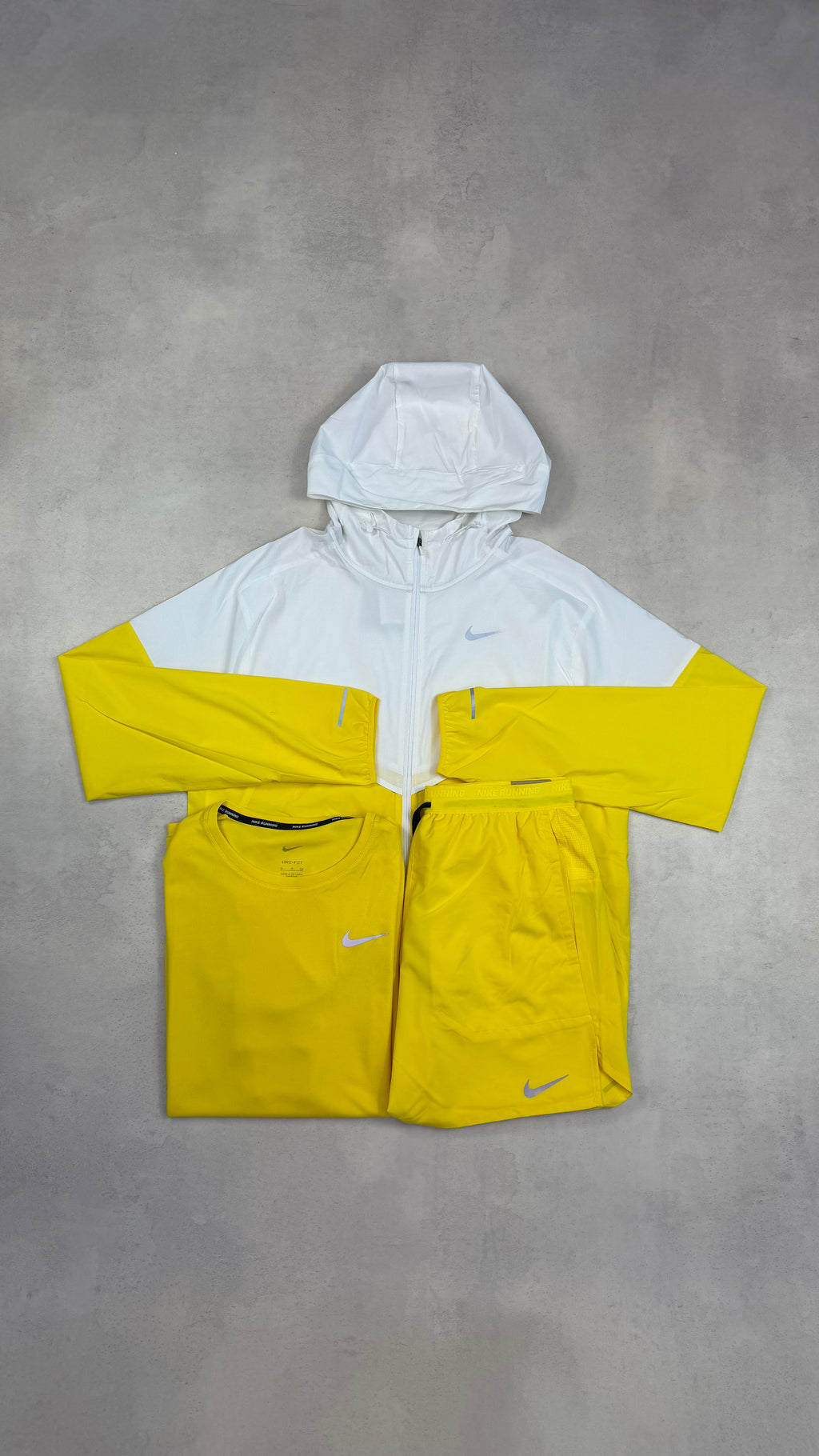 Nike Lightning Yellow Windrunner, Miler T-Shirt & Challenger Shorts Trio Set