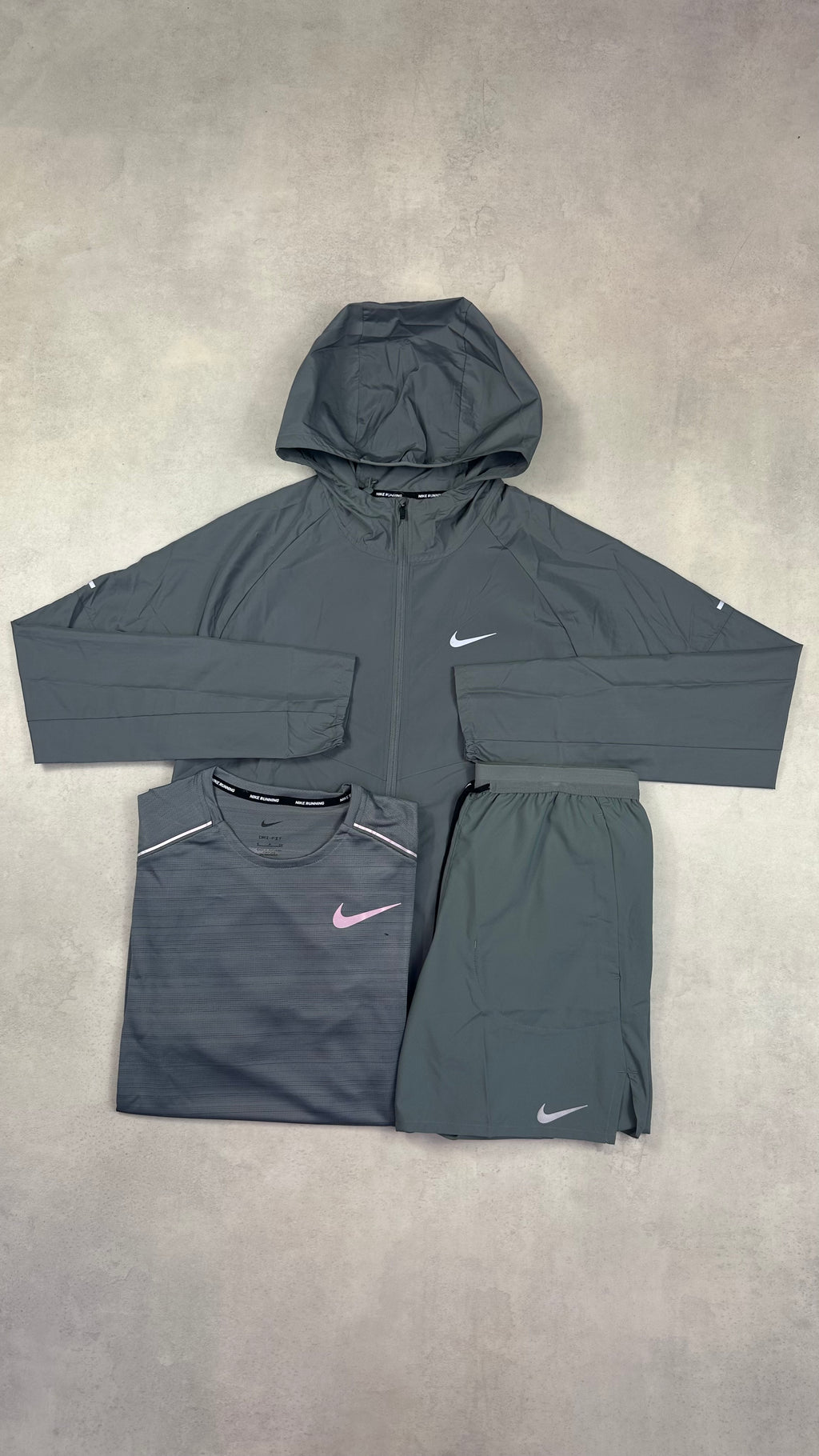 Nike Grey Windrunner, Grey Miler T-Shirt & Grey Challenger Shorts Trio Set