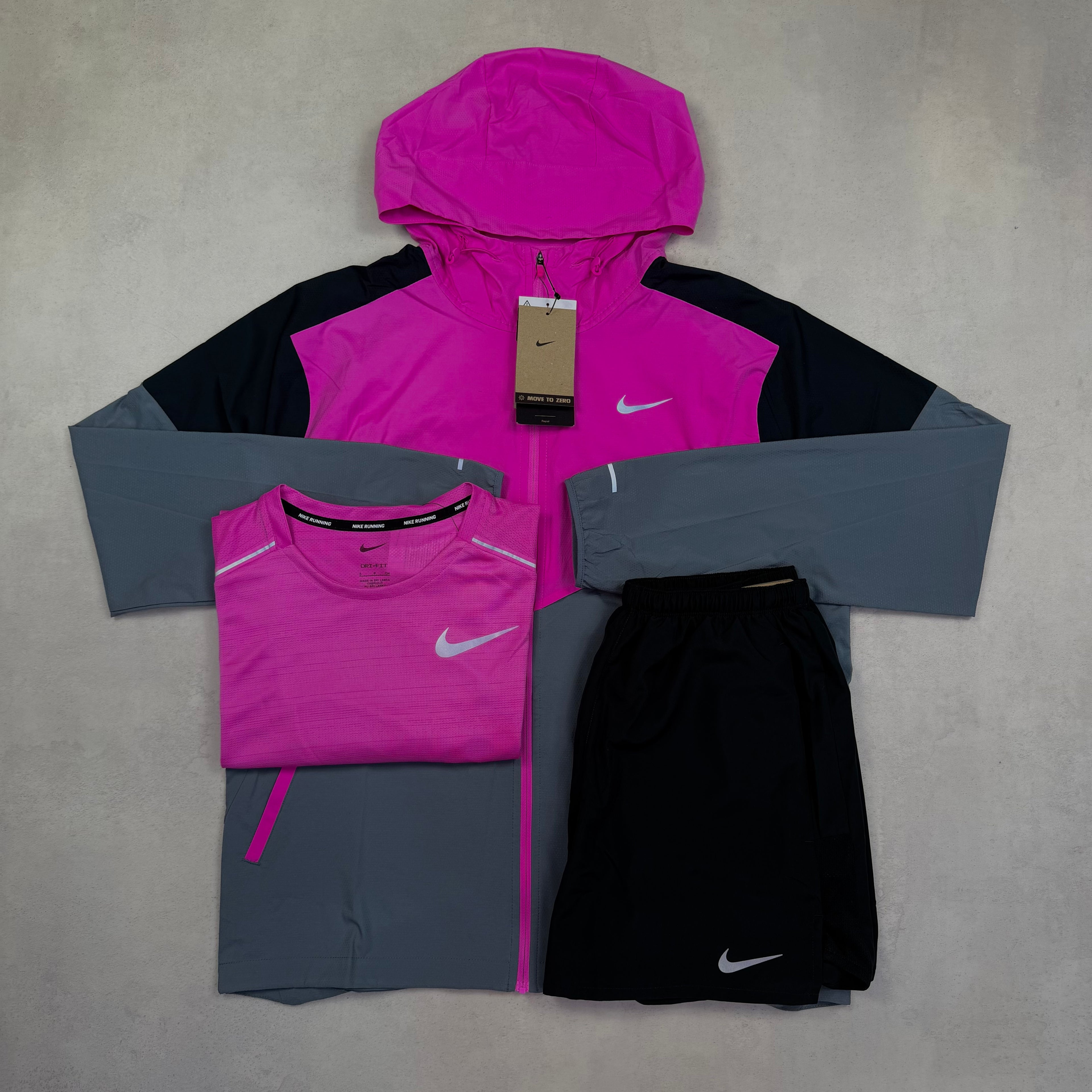 Nike Playful Pink Windrunner, Miler T-Shirt & Black Challenger Shorts Trio Set