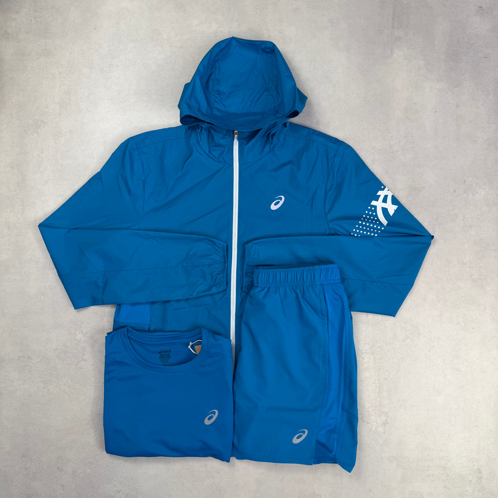 Asics Aegean Blue Icon Windrunner, T-Shirt & Shorts Trio Set