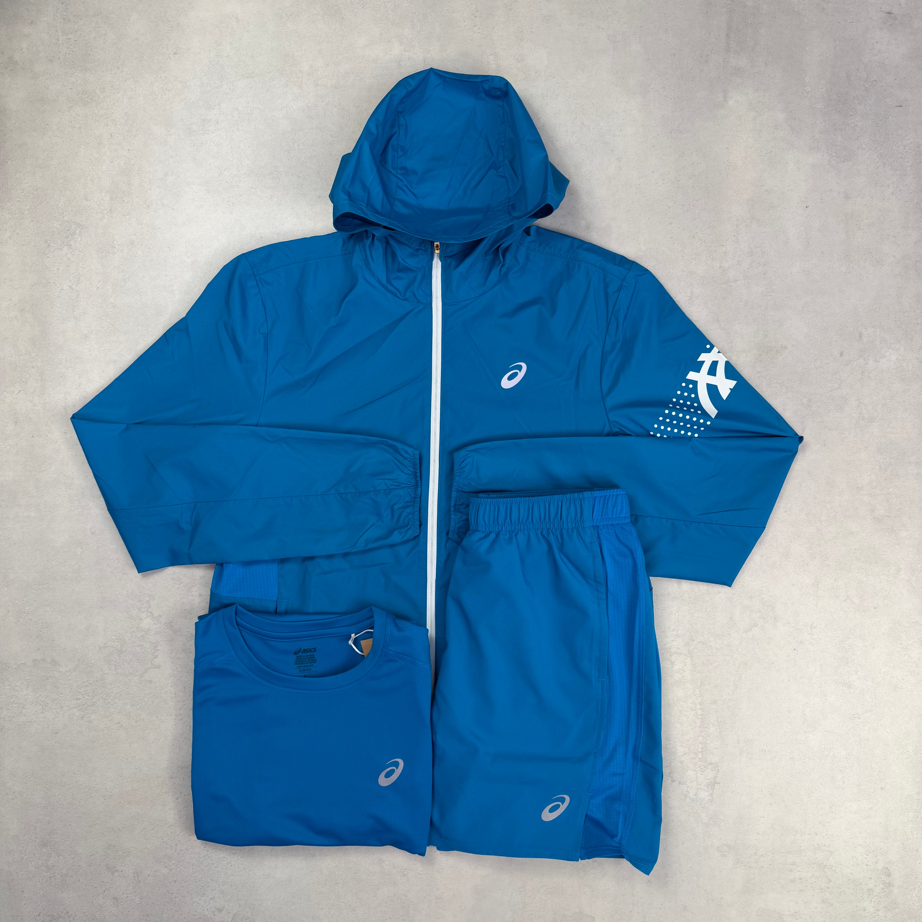 Asics Aegean Blue Icon Windrunner, T-Shirt & Shorts Trio Set