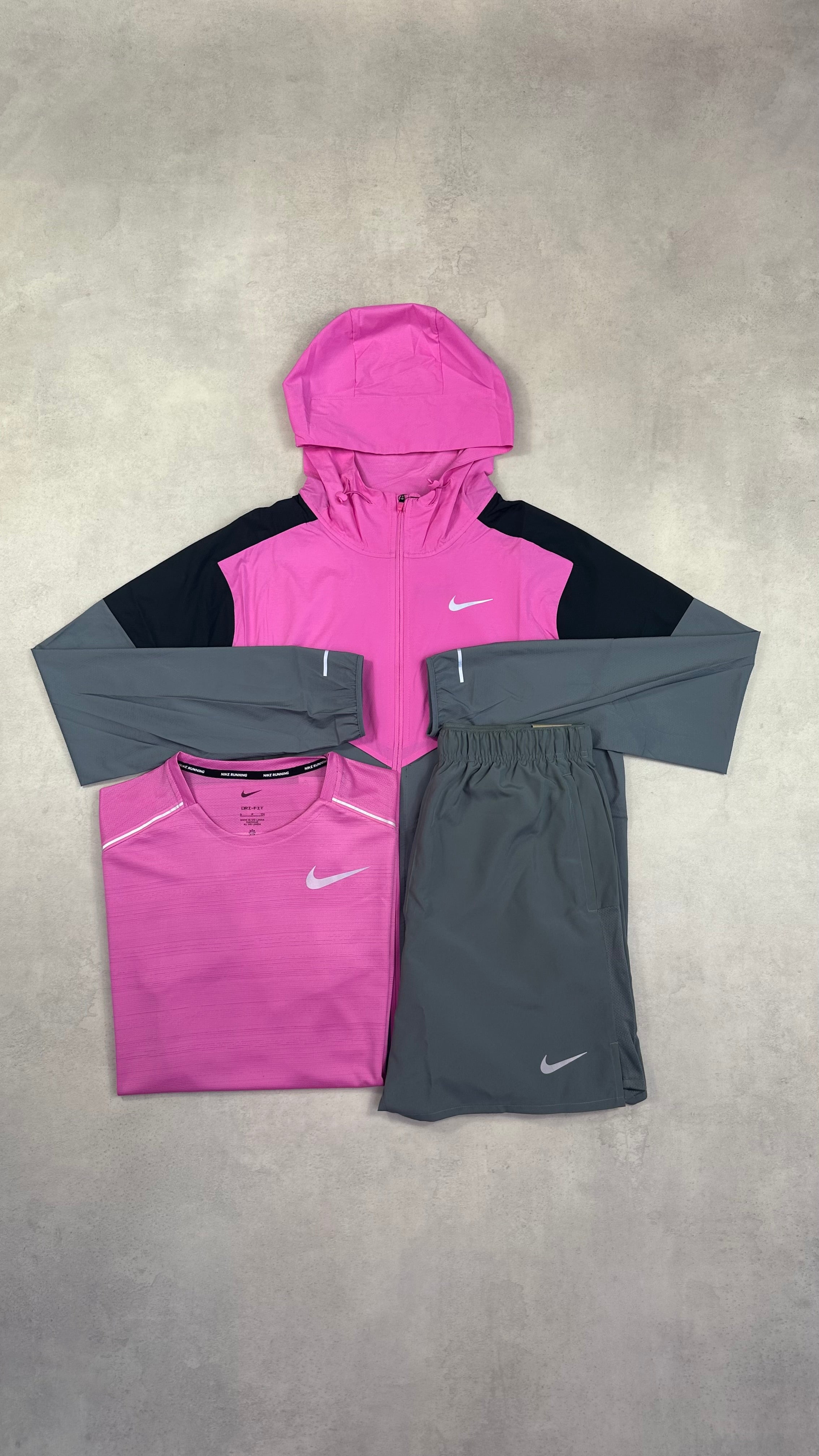 Nike Playful Pink Windrunner & Miler T-Shirt & Grey Challenger Shorts Trio Set