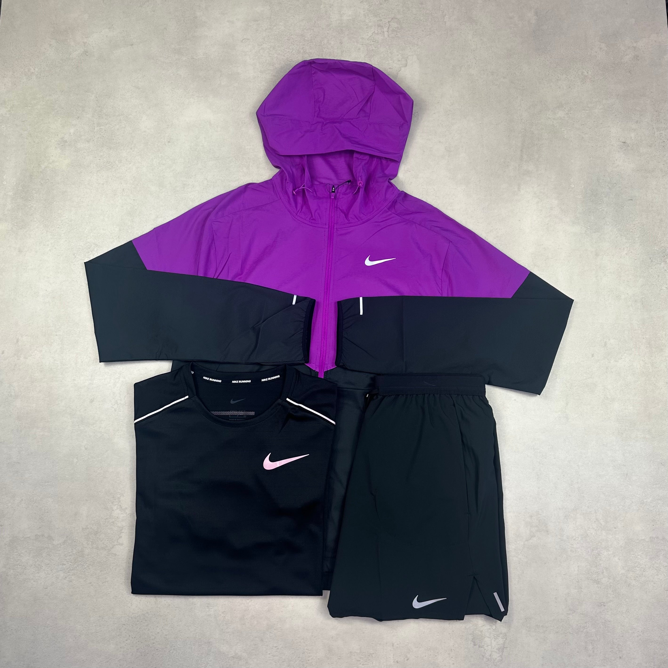 Nike Purple/Black Windrunner, Black Miler T-Shirt & Black Challenger Shorts Trio Set