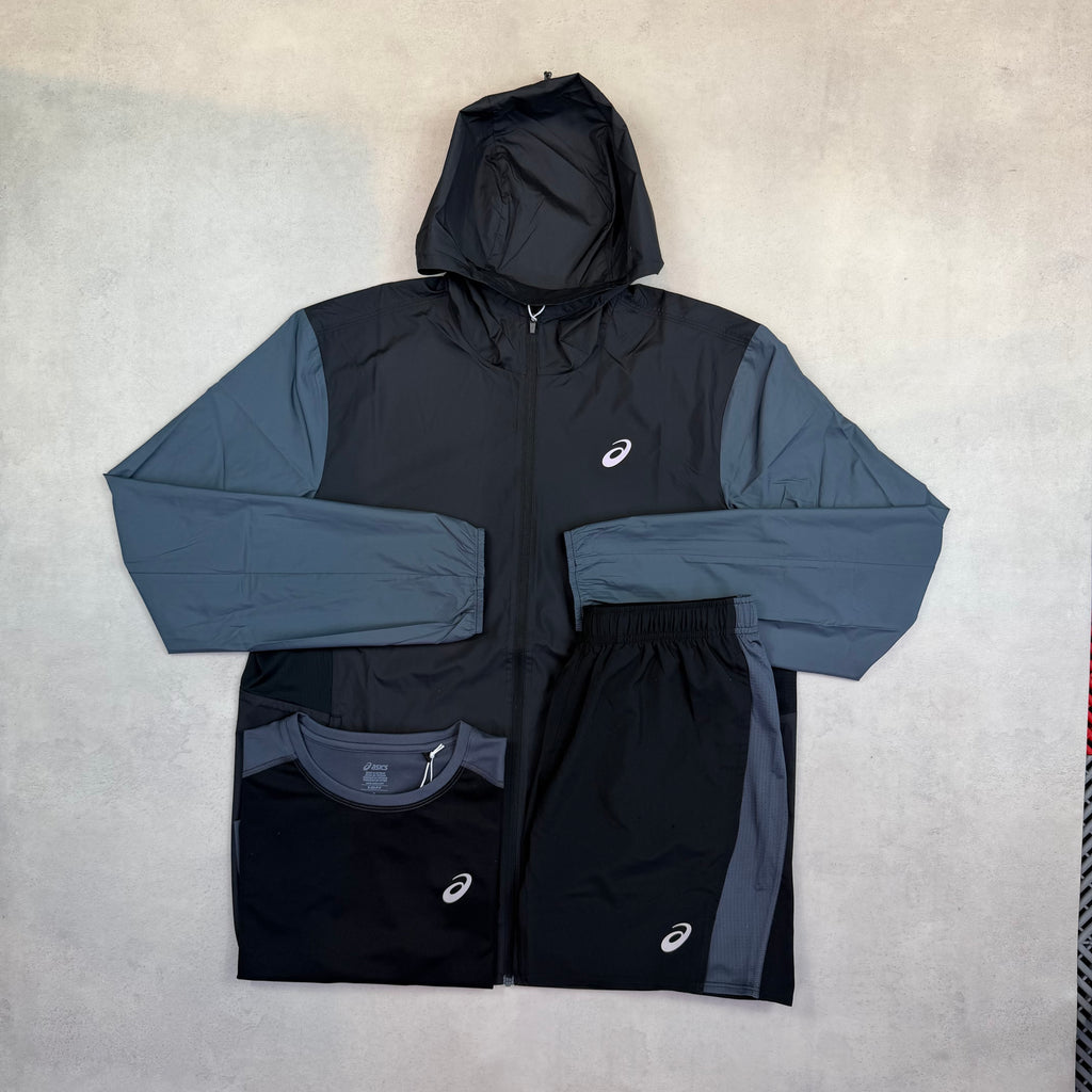 Asics Black/Grey Core Block Windrunner, T-Shirt & Shorts Trio Set