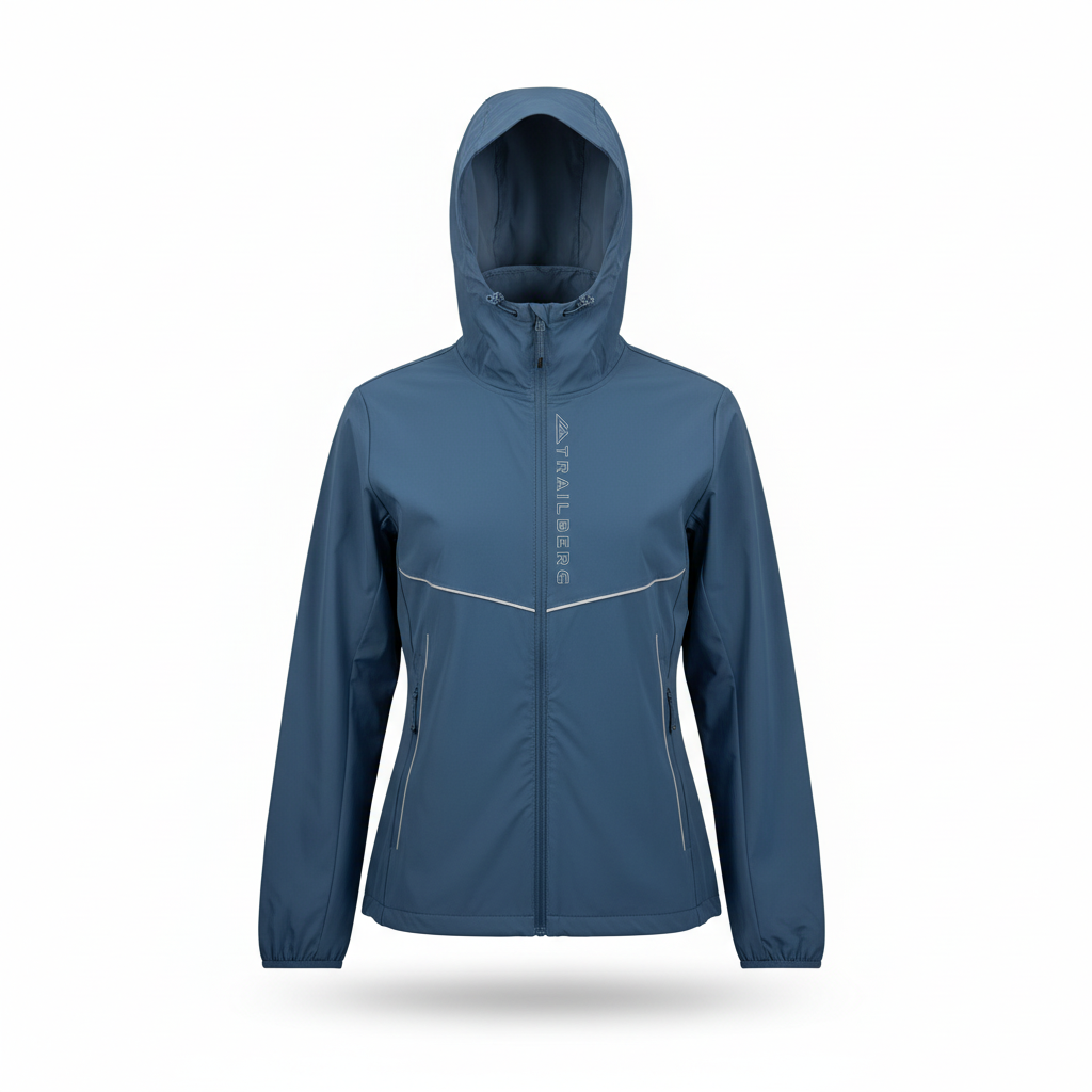 A hooded zip-up jacket in slate blue with reflective silver piping details and vertical branding on the chest, displayed on a clean white background.