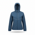 A hooded zip-up jacket in slate blue with reflective silver piping details and vertical branding on the chest, displayed on a clean white background.