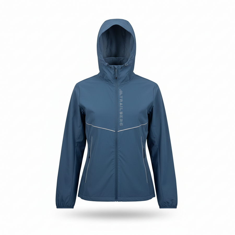 A hooded zip-up jacket in slate blue with reflective silver piping details and vertical branding on the chest, displayed on a clean white background.