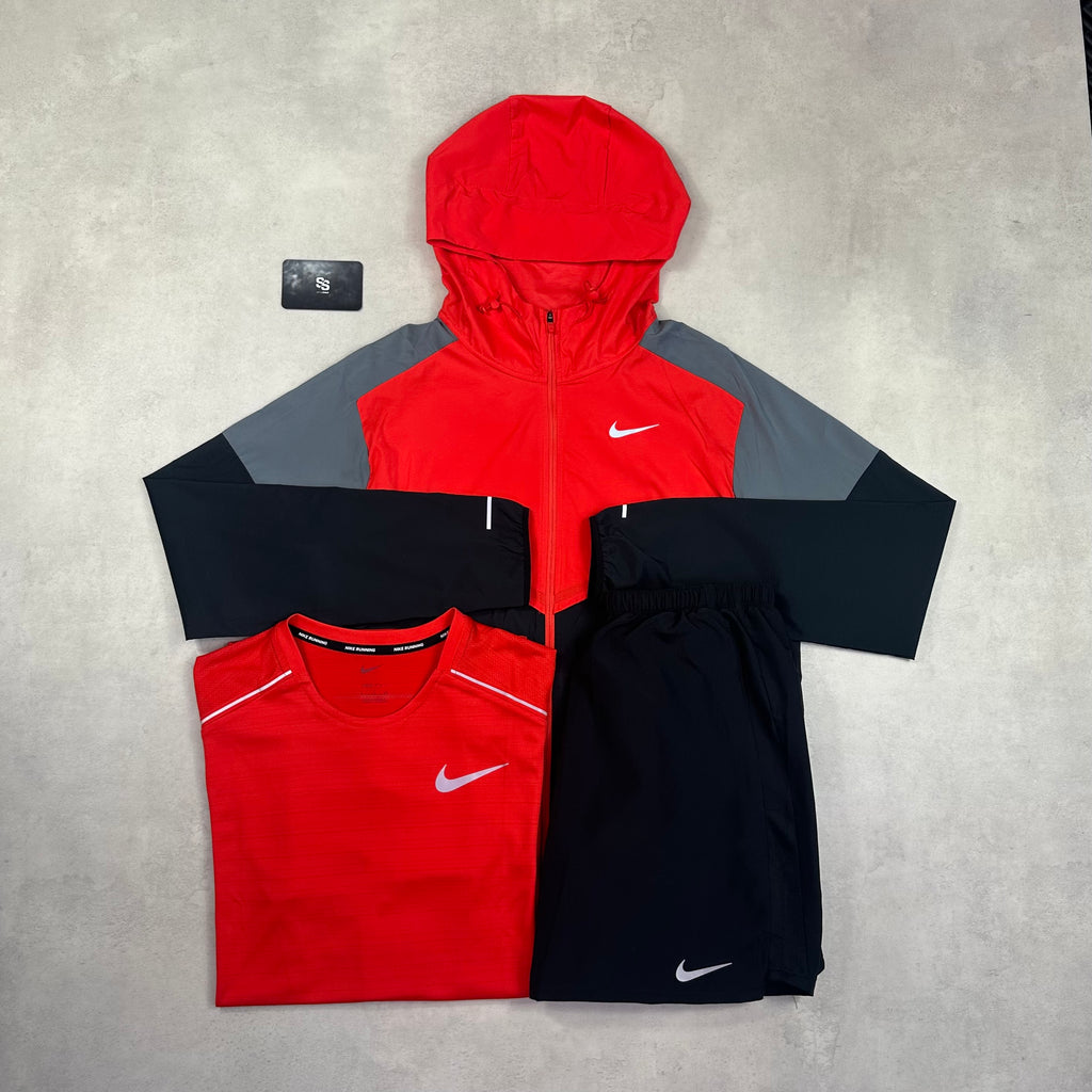 Nike Crimson Red Windrunner & Miler T-Shirt & Black Challenger Shorts Trio Set