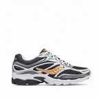 A Saucony running shoe in black, white, and silver with a distinctive orange logo accent, shown from a side profile on a white background.