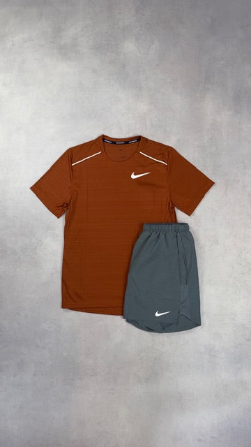 Nike Dark Russet Miler T-Shirt & Grey Challenger Shorts Duo Set
