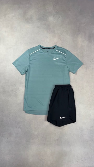 Nike Mineral Teal Miler T-Shirt & Black Challenger Shorts Duo Set